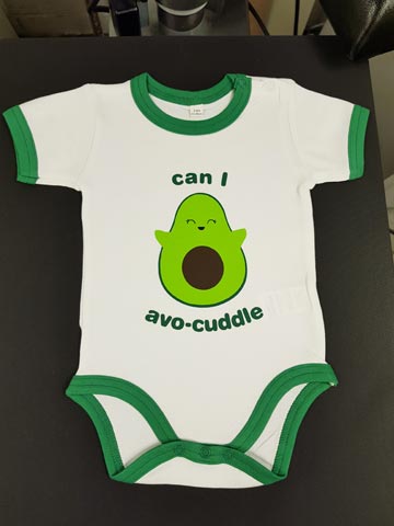 Can I Avo Cuddle Custom Design Print on White and Green Baby Grow by Barritt Garment Printing Bournemouth