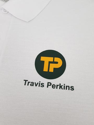 Travis Perkins, green, yellow, vinyl, transfer, heat press, printed, t-shirt printing, commercial, polo shirt, Winton, Bournemouth, Poole, Dorset, text