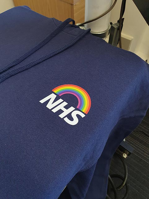 University Hospitals Dorset, NHS Rainbow Hoodie Print by Barritt Garment Printing Bournemouth